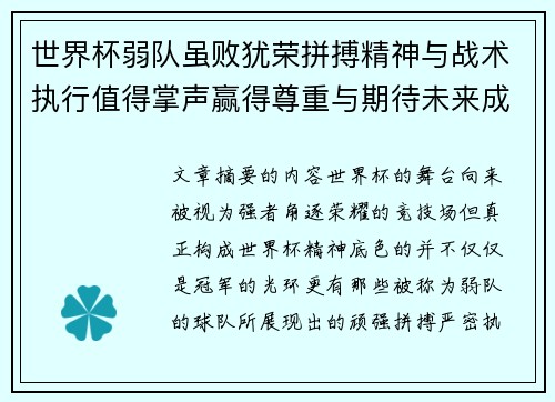 世界杯弱队虽败犹荣拼搏精神与战术执行值得掌声赢得尊重与期待未来成长