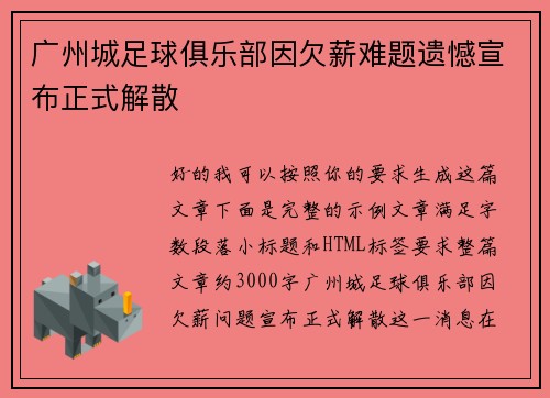 广州城足球俱乐部因欠薪难题遗憾宣布正式解散